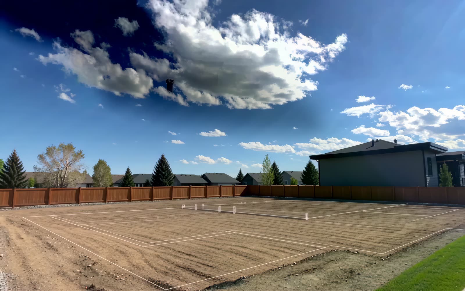 Bare graded lot with white layout string lines — frame from the brand film