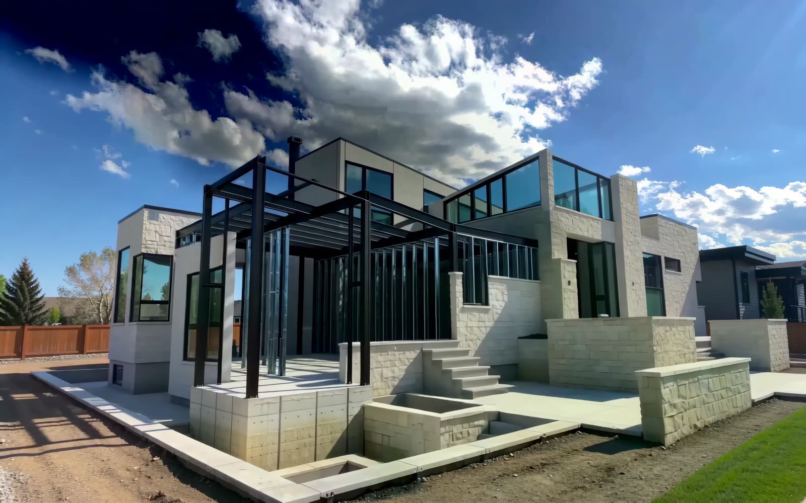 Wood framing of a residence under construction — frame from the brand film